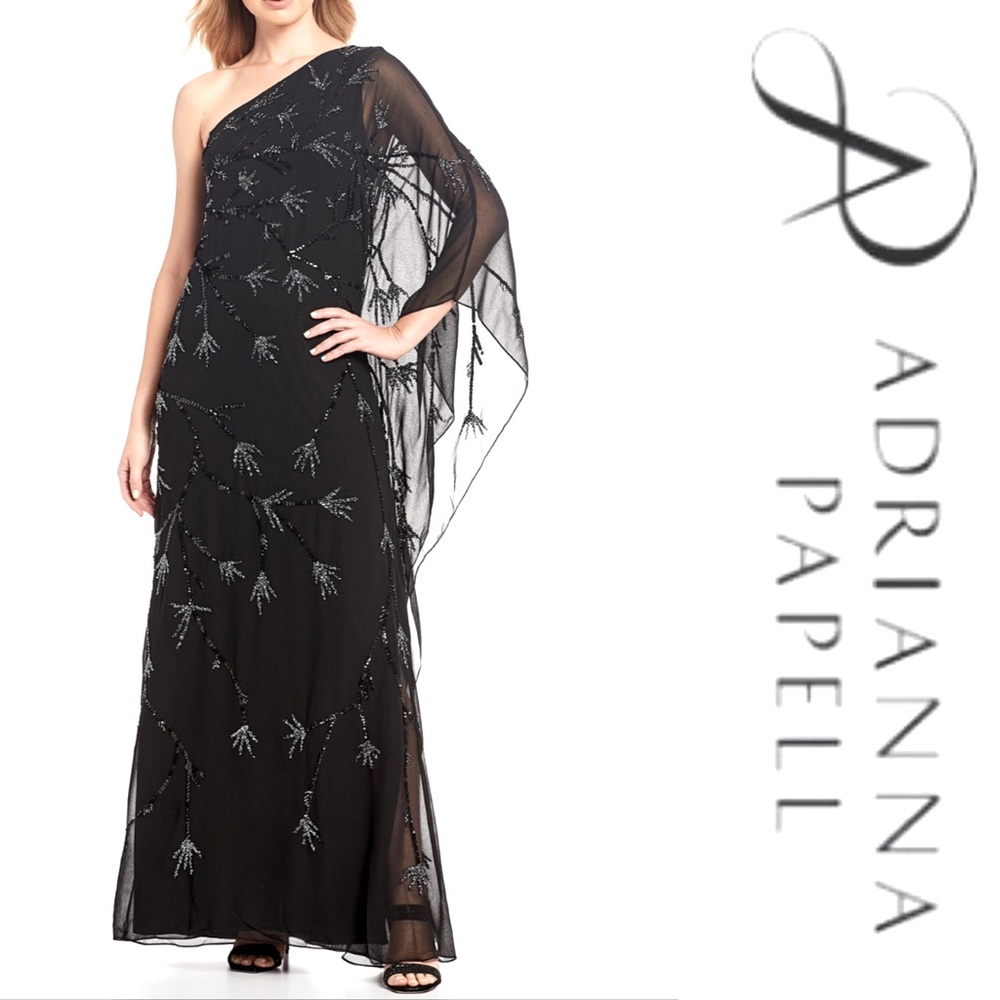 Adrianna Papell NWT black beaded 1 shoulder dress